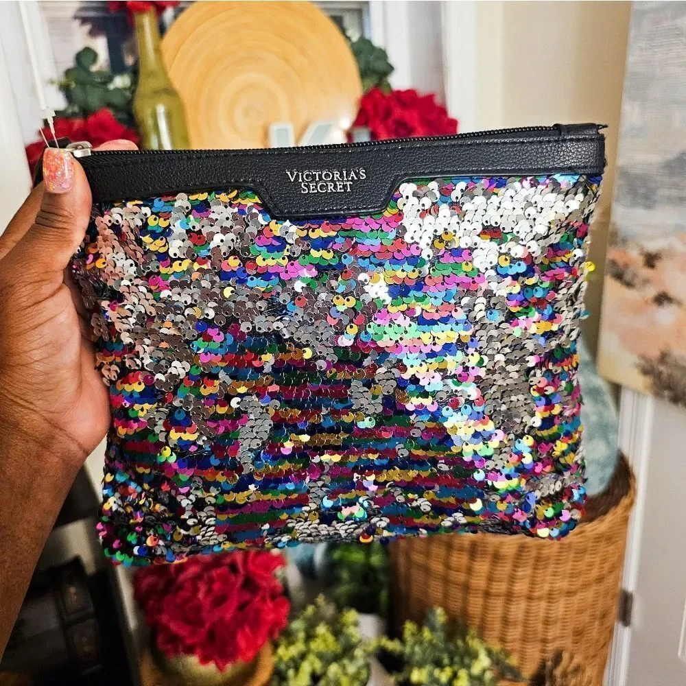 New Victoria Secret Large Sequins Faux Leather  Makeup Clutch.
